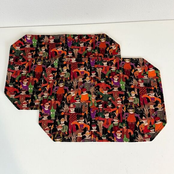 2 Vintage Handmade Scarecrow Fabric Halloween Autumn Placemats - Picture 1 of 8